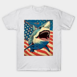 American Flag Patriotism and Freedom Great White Shark T-Shirt